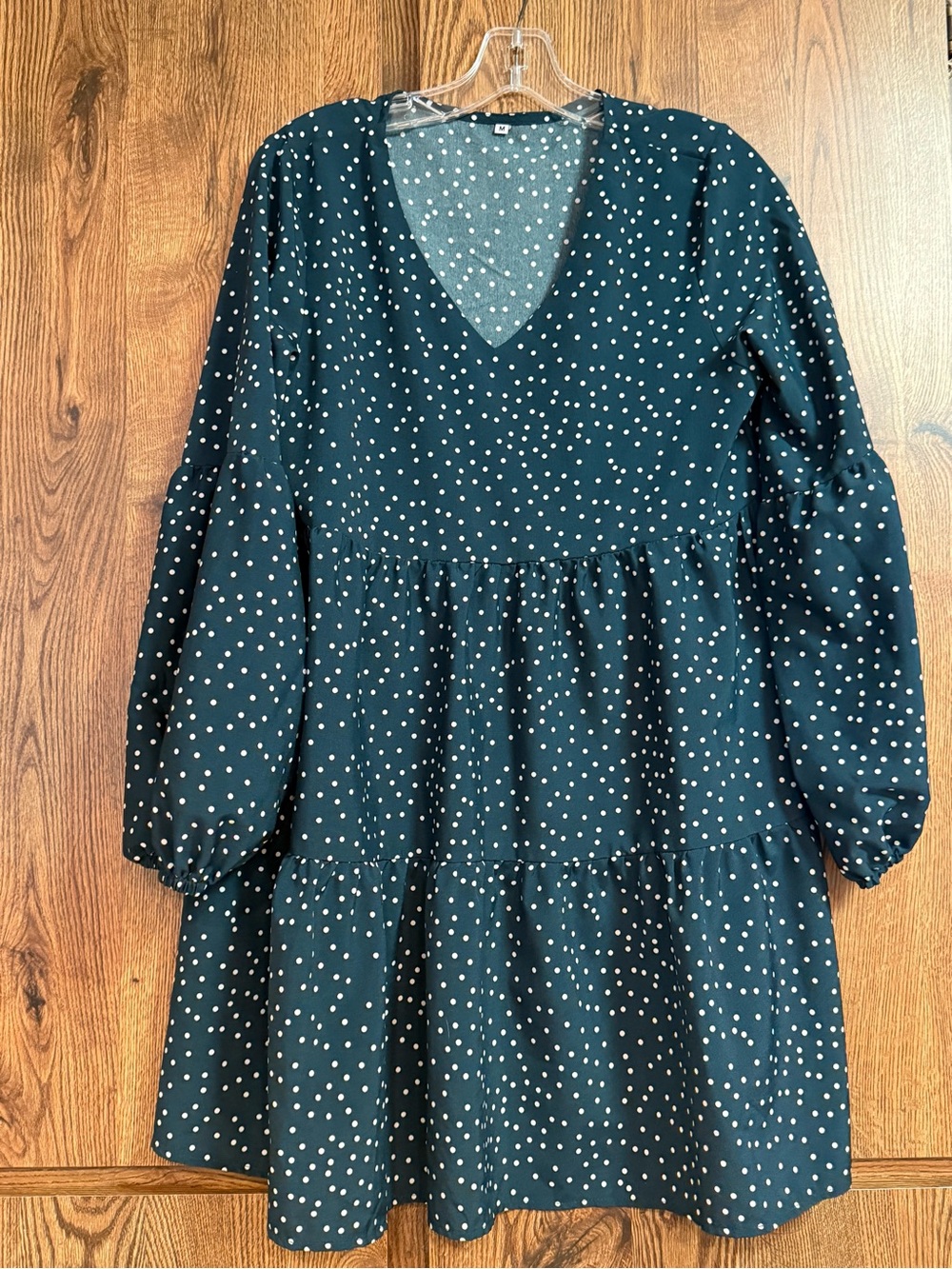 Polka Dot V-Neck Tiered Dress in Dark Green